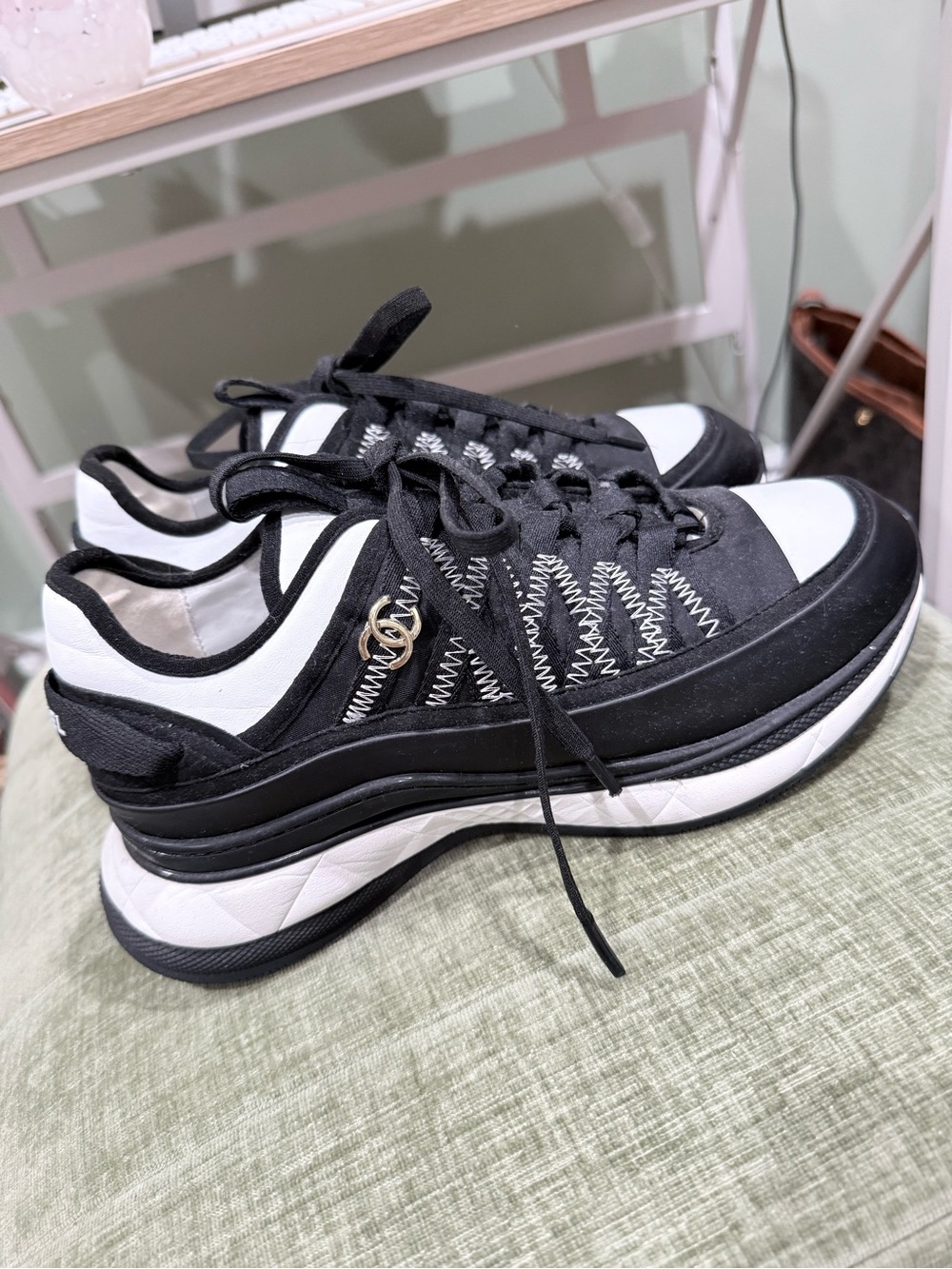 CHANEL Black and White Platform Lace-Up Sneakers
